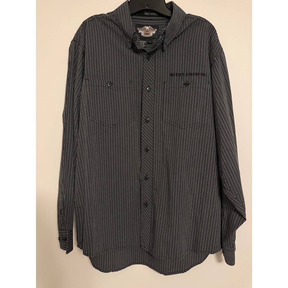 Harley-Davidson Pinstripe Shirt Mens L Embroidered Logo Work Button Up Black